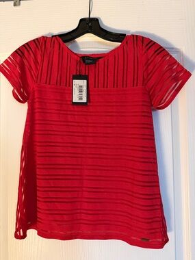 A/X Armani Exchange Bright Red Short Sleeve Sheer Stripe Top.